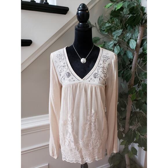 Jolt Top Blouse Women's XL Beige Floral Lace Overlay Rayon Long Sleeve V Neck - Picture 2 of 11